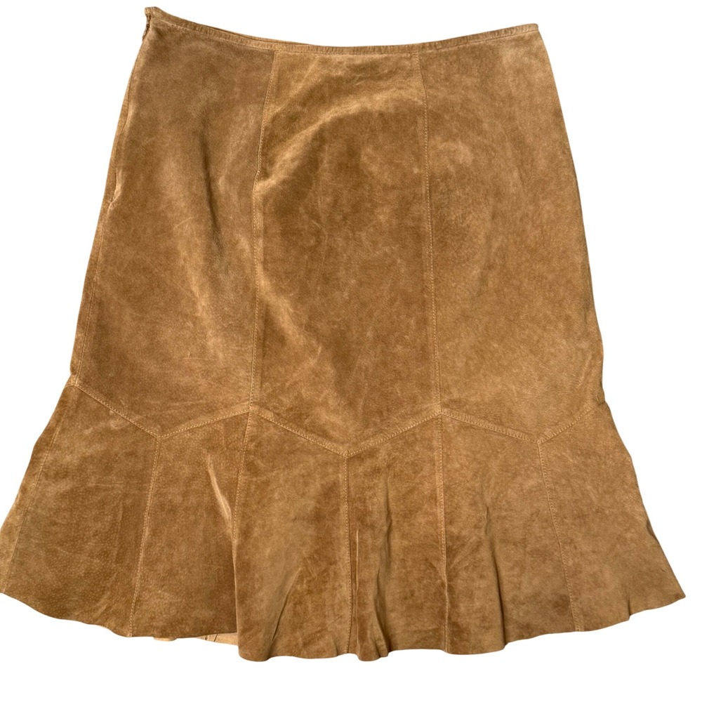 Womens Suede leather Ruffle Flared Skirt Size 12 Western BOHO Cowgirl Office